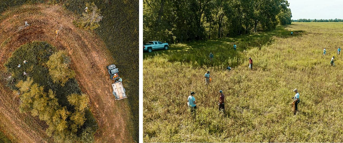 Aerial view of a field and several people working in a field