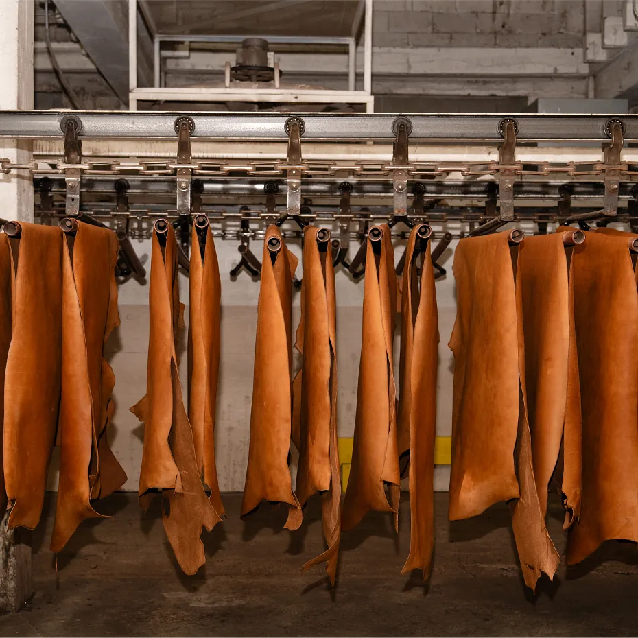 Leather hides hanging on a conveyor system