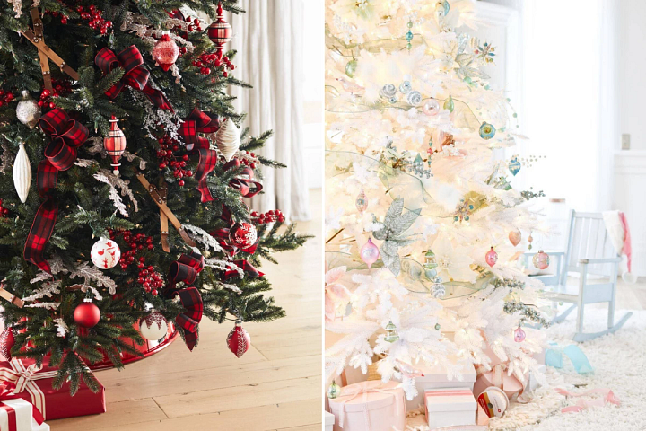 photo of a green Christmas tree with red decorations and a white tree with pastel ornaments