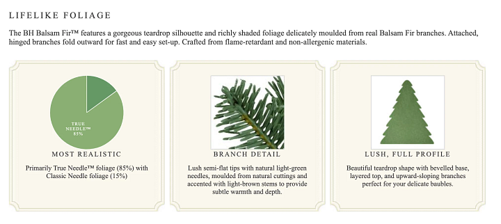 Screenshot of an artificial Christmas tree product page with foliage details