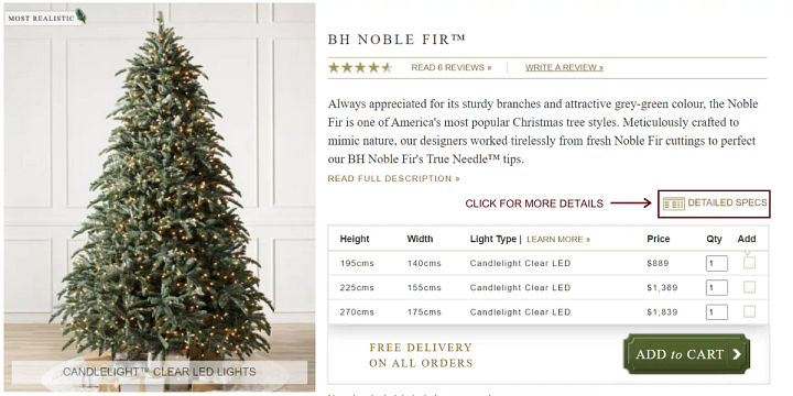 screenshot of Christmas tree product page