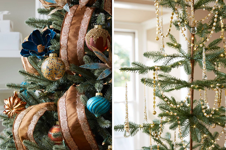 gold and champagne ribbons on a Christmas tree and gold jeweled garlands draped on a sparse tree