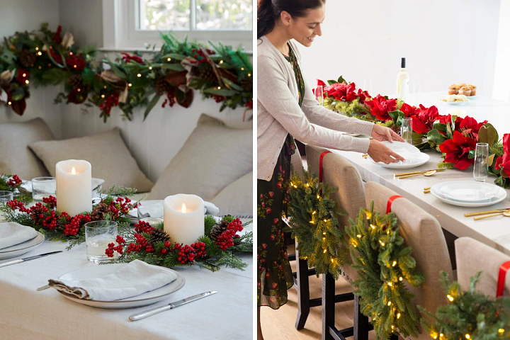Christmas wreaths and garlands decorating two dining areas