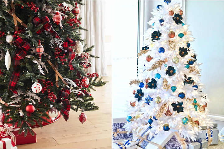 photo of a green Christmas tree with red decorations and a white tree with blue, orange, and green ornaments