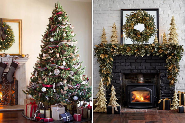 A rustic-themed Christmas tree with gifts and a brick mantel with gold tabletop trees and a Christmas wreath and garland pair