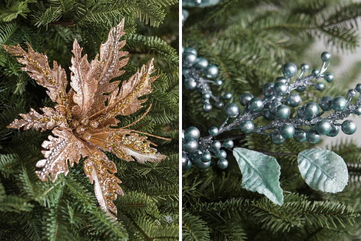 metallic magnolia picks and blue berry picks on a Christmas tree
