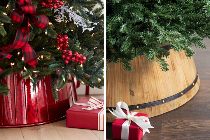 a Christmas red tree collar and a wooden barrel tree collar