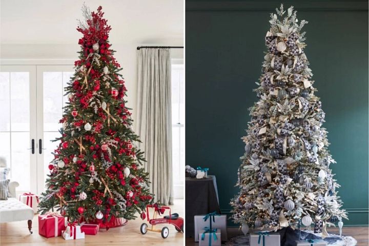 Christmas tree with red and white Nordic ornaments and frosted Christmas tree with frosted winter ornaments and gifts