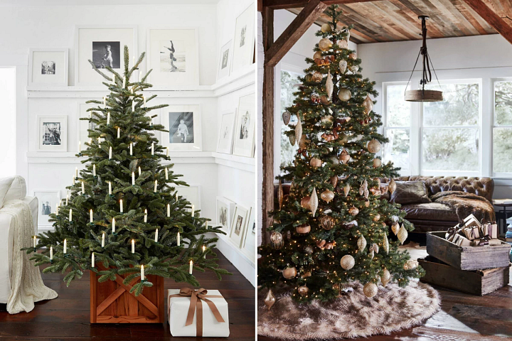 photos of two sparse artificial Christmas trees with various decorations