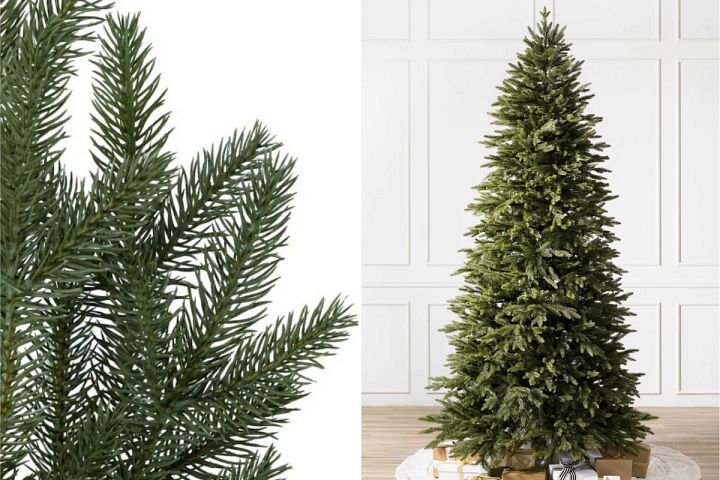 close-up and wide shots of Balsam Hill Silverado Slim Christmas tree