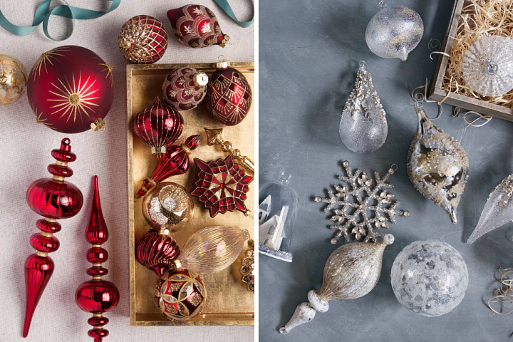 Set of burgundy and gold baubles and winter white baubles