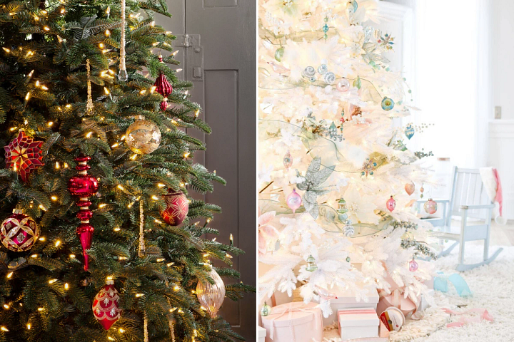 Balsam Hill Nordmanntanne mit roten und goldenen Weihnachtskugeln und weißer Weihnachtsbaum Mont Blanc mit pastellfarbenem Baumschmuck