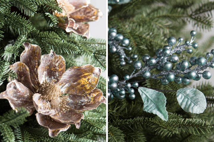 metallic magnolia picks and blue berry picks on a Christmas tree