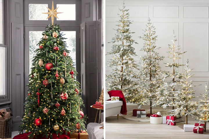 A Nordmann Fir tree decorated with red and gold baubles on the left, and a set of five Frosted Alpine Balsam Fir trees in varying sizes on the right