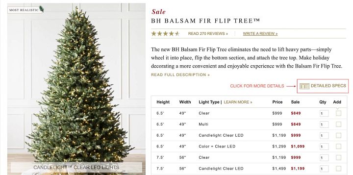 screenshot of an artificial Christmas tree product page