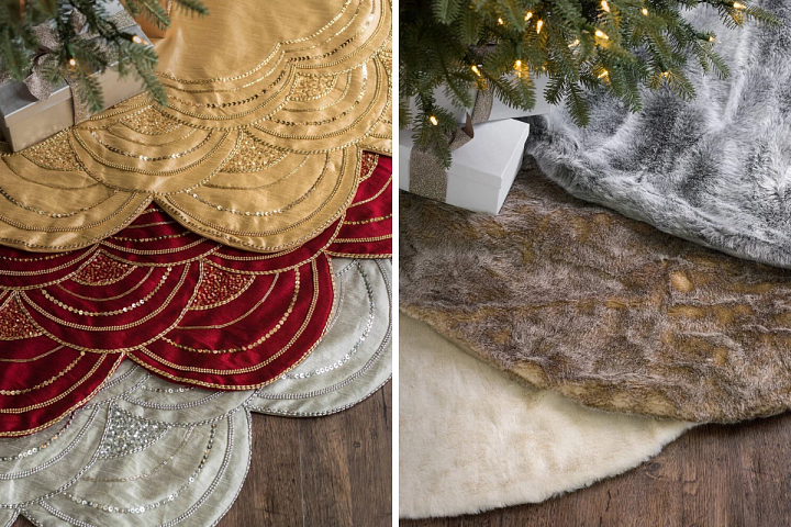 beaded tree skirts in silver, burgundy, and gold and faux fur tree skirts in ivory, stone, and smoke colors