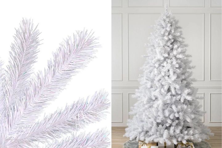 close-up and wide shots of Balsam Hill Classic White Christmas tree