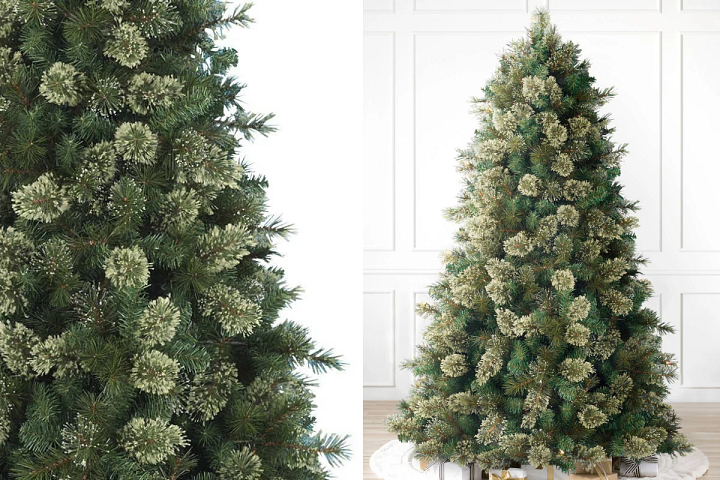 A close-up of the Scotch Hill Pine artificial Christmas tree on the left and the full profile of the tree on the right