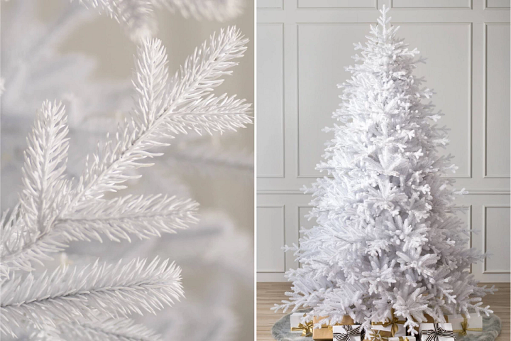 close-up and wide shots of Balsam Hill Denali White Christmas tree