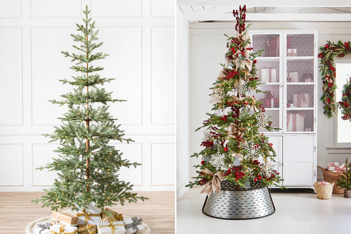 photos of an undecorated and a decorated sparse artificial Christmas trees