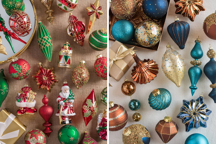 red, green, and gold Christmas ornaments and blue, copper, and gold Christmas tree ornaments