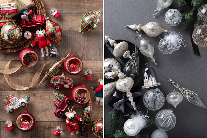 a red, green, and gold Christmas cabin ornament set and a winter white ornament set
