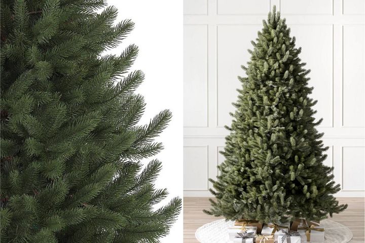 close-up and wide shots of Balsam Hill Vermont White Spruce Christmas tree