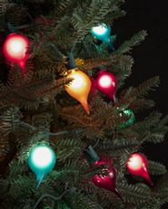Colorful retro-shaped light strings on tree