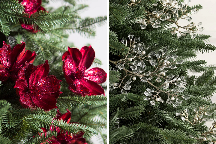 red floral picks and crystal and pearl champagne picks on a Christmas tree