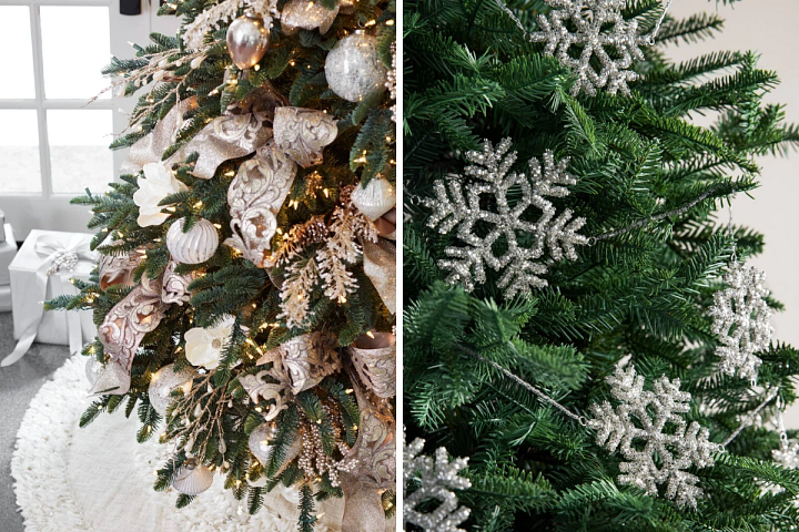 gold and champagne ribbons on a Christmas tree and beaded snowflake garland draped on a tree
