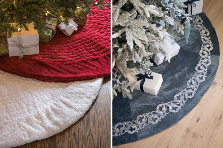 White and red tree skirts and a French blue velvet Christmas tree skirt
