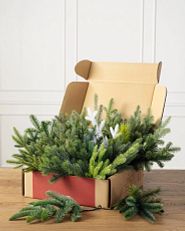 Boîte contenant des sections de branches de sapin de Noël artificiel assorties