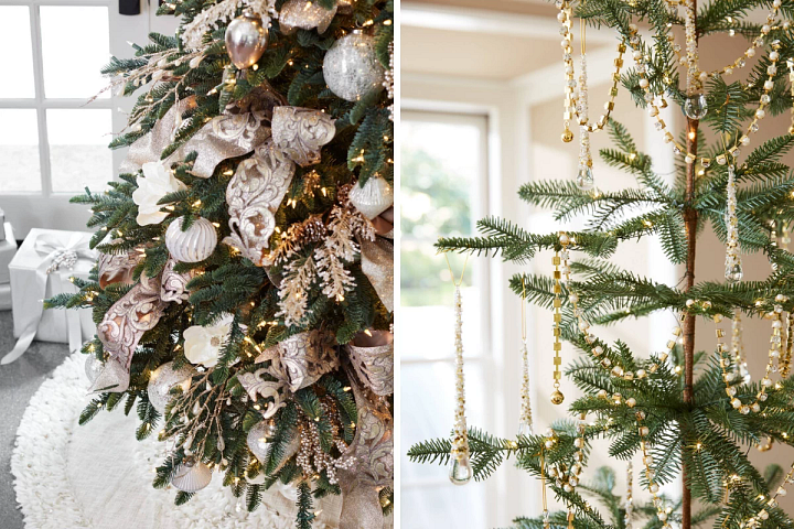gold and champagne ribbons on a Christmas tree and gold jeweled garlands draped on a sparse tree