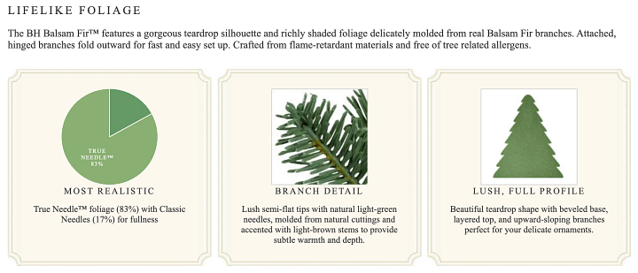 screenshot of an artificial Christmas tree product page with foliage details