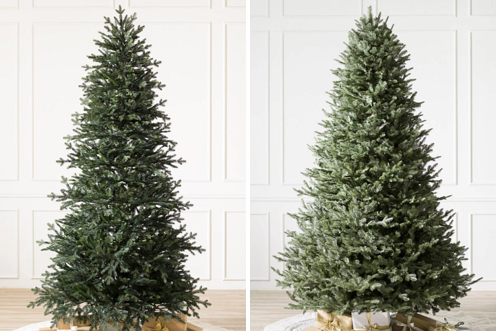 An unlit artificial spruce Christmas tree and an unlit Balsam fir Christmas tree