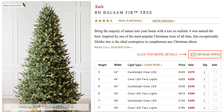 Screenshot of an artificial Christmas tree product page
