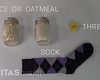Ingredients for a heat pack including rice or oatmeal, thread, and sock.