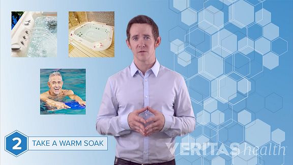 Suggestion to take a warm soak with pictures of bath, pool, and hot tub.