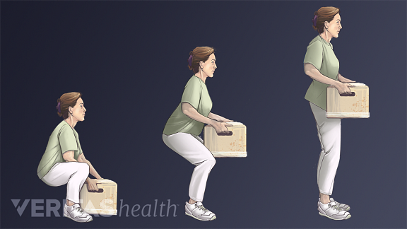 Woman demonstrating the three steps of properly picking up an object