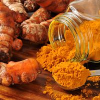 Spoonful of turmeric powder with turmeric roots in the background.