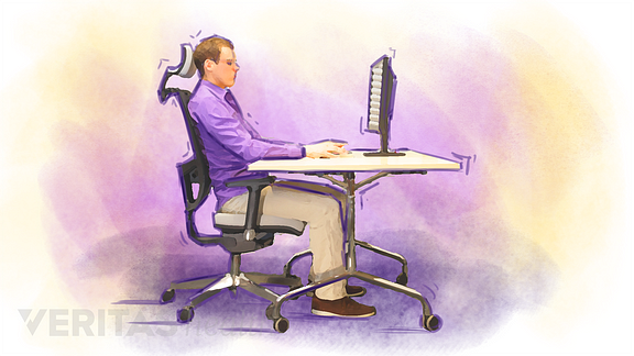 Illustration of a man sitting at a desk in an ergonomic chair