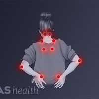 Posterior view of the upper body. Pain points highlighted in the neck, both shoulders, both elbows, and the lower back.