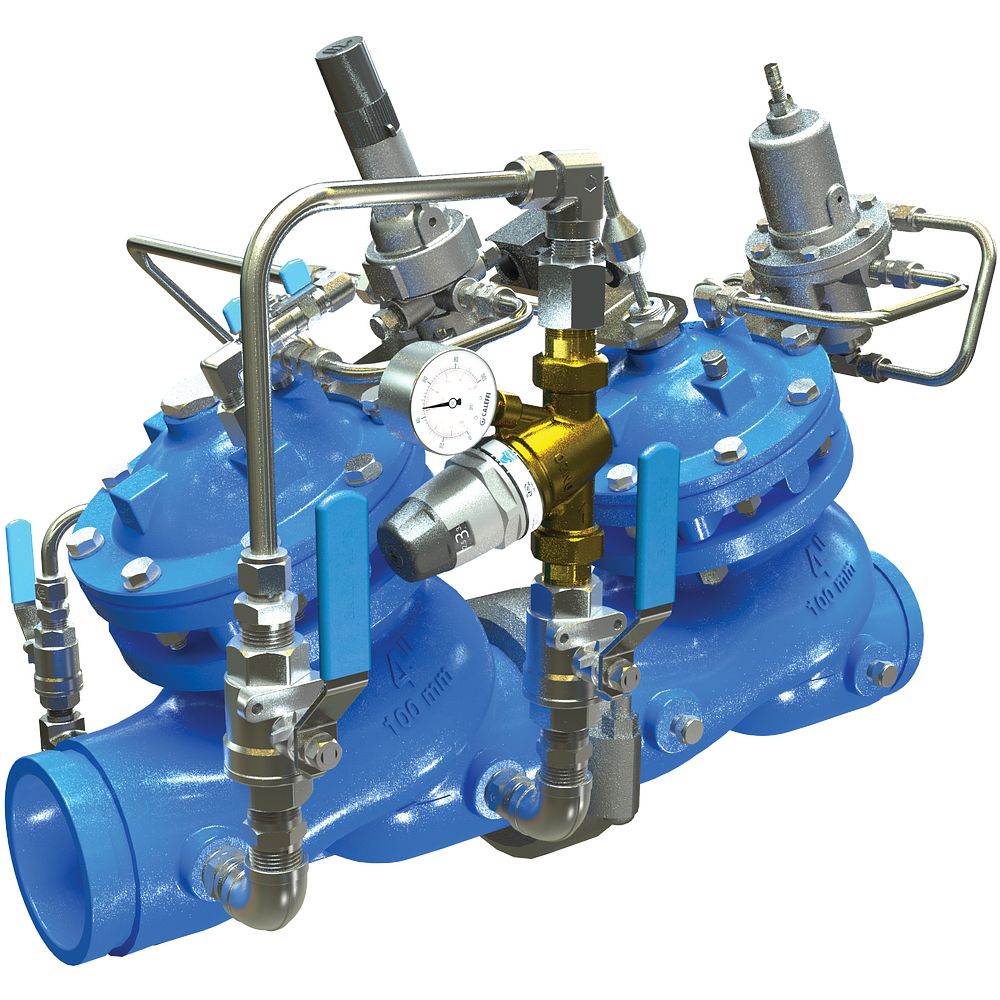 Combinación de válvula reductora de presión (PRV) watchdog serie 972S-2B-H con línea auxiliar de flujo bajo integrada