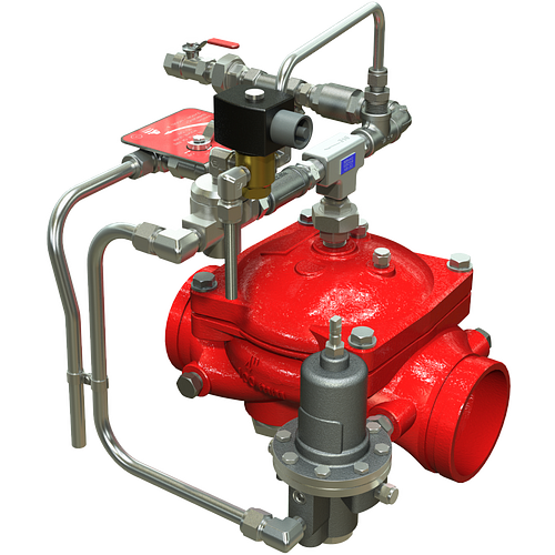 Válvula de diluvio Serie 869E-3DC para control de presión aguas abajo, con operación remota eléctrica ON/OFF