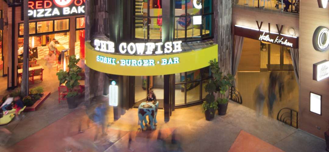 The Cowfish Sushi Burger Bar View of The Cowfish exterior at nighttime.