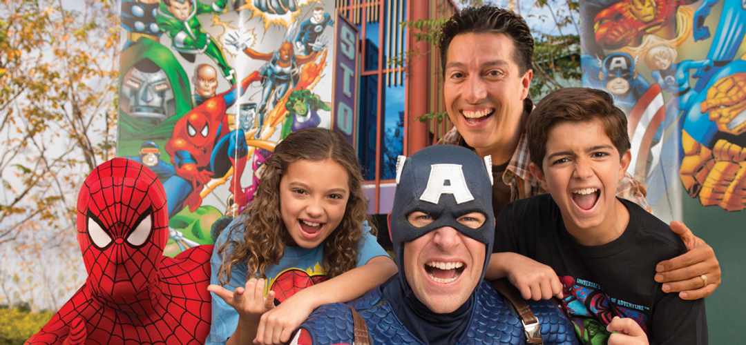 Marvel Characters Family posing with Captain America and Spiderman