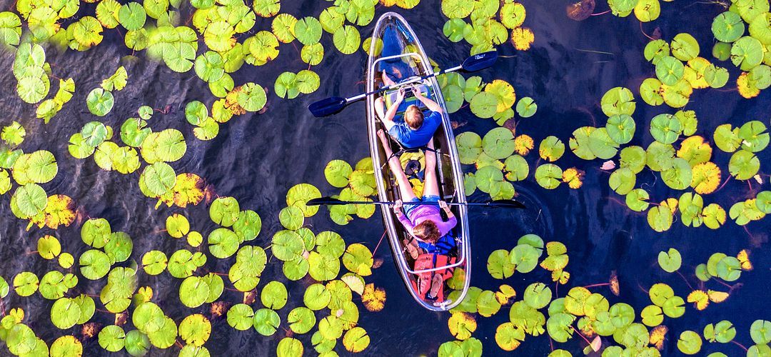 Kayaking in Orlando Aerial view of a kayak on a lake in Winter Park.