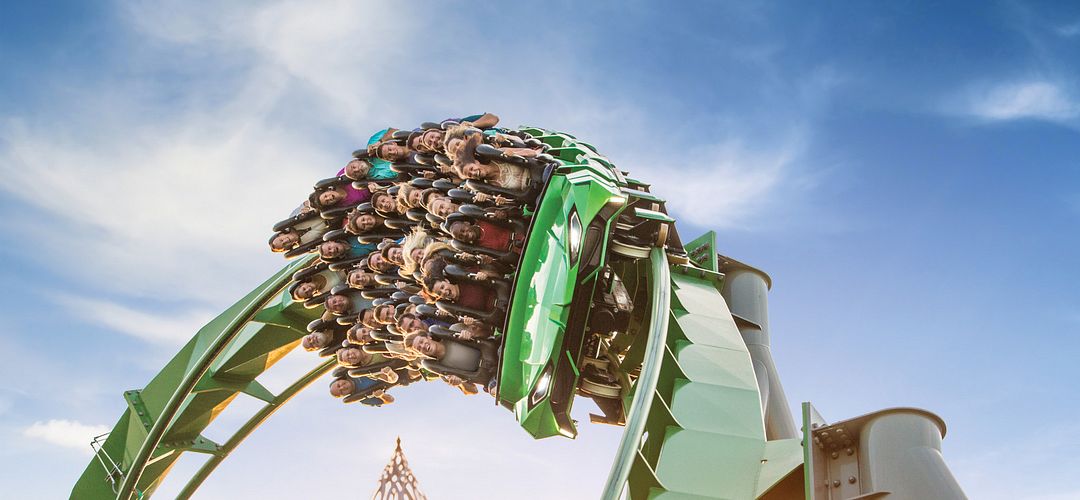 The Incredible Hulk Coaster at Universal's Islands of Adventure A group of people riding The Incredible Hulk Coaster at Universal's Islands of Adventure.