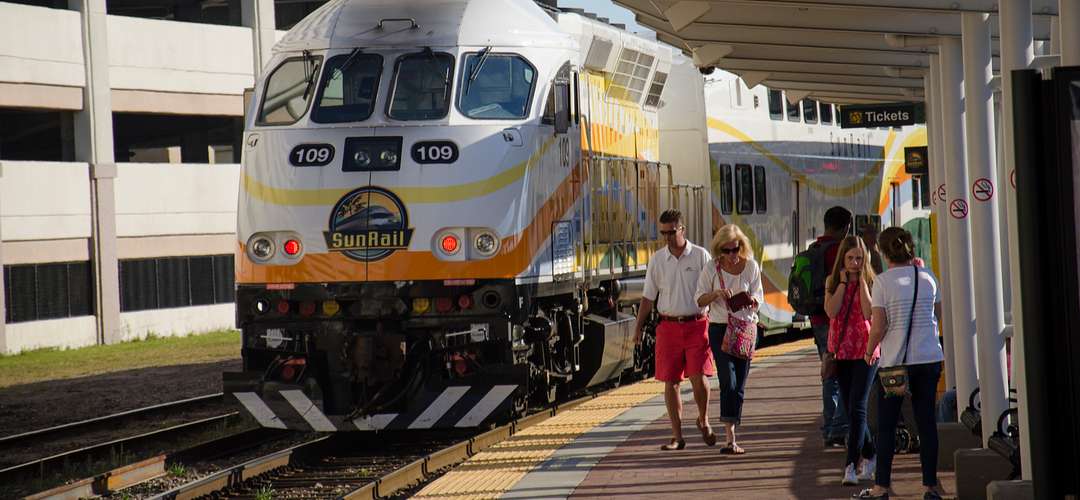 Downtown Orlando Sunrail train arriving at the Church Street Station in Downtown Orlando