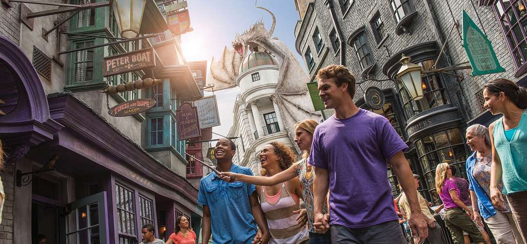 Cast a Spell in Diagon Alley! Friends strolling through Diagon Alley where you have a chance to cast a Spell!